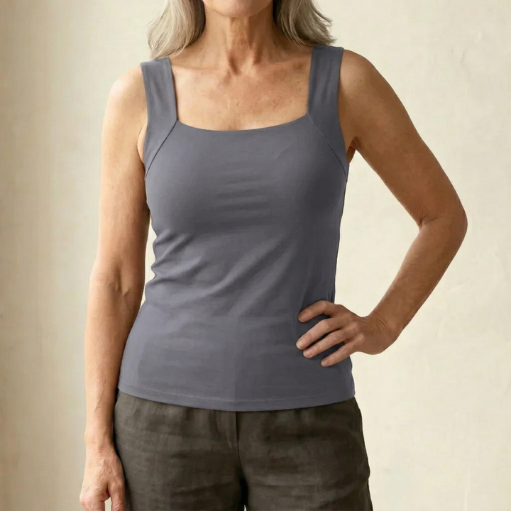 Stylish women's built-in bra tank top, wire-free and comfortable for modern summer fashion.