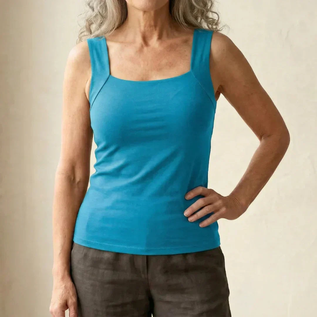 Women's built-in bra tank top for wire-free comfort, great for activewear and casual summer days.