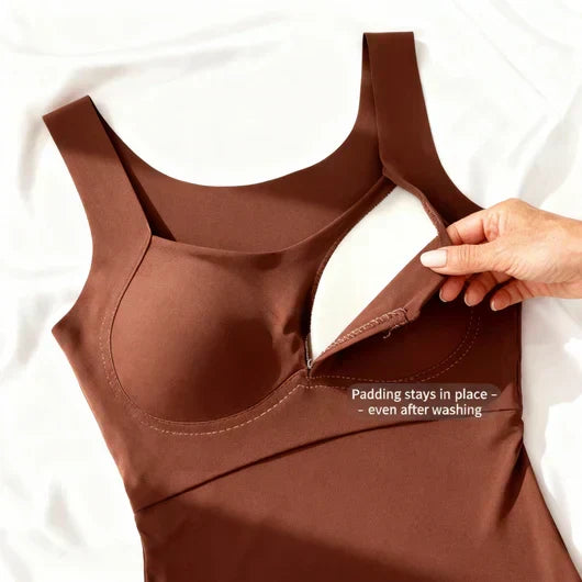 Black women's built-in bra tank top, wire-free and comfortable for everyday use.
