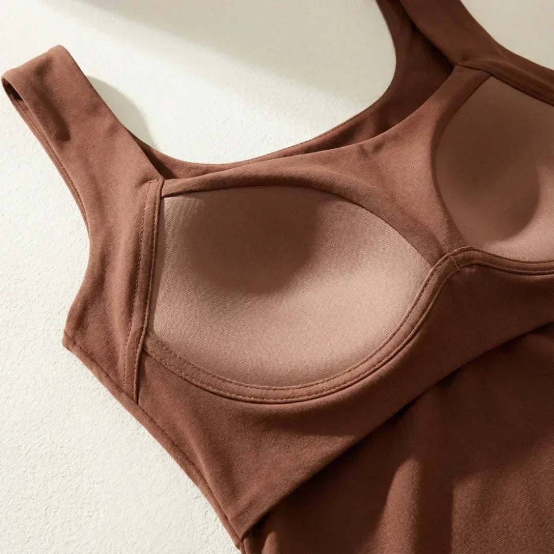 White women's wire-free tank top with built-in bra, essential for summer fashion.