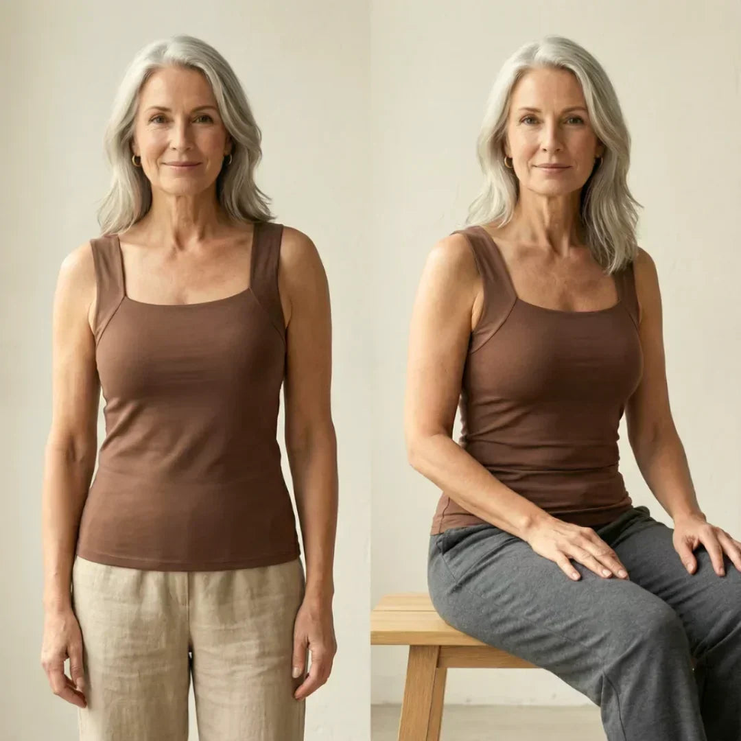 Plus size women's built-in bra tank top, offering wire-free comfort & stylish everyday wear.