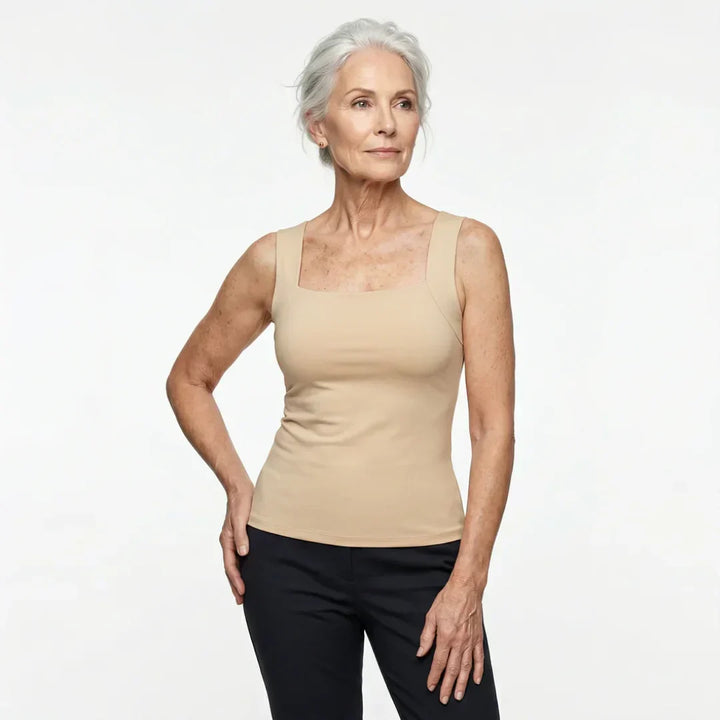 Wire-free activewear tank top for women with built-in bra, perfect for workouts & comfort.