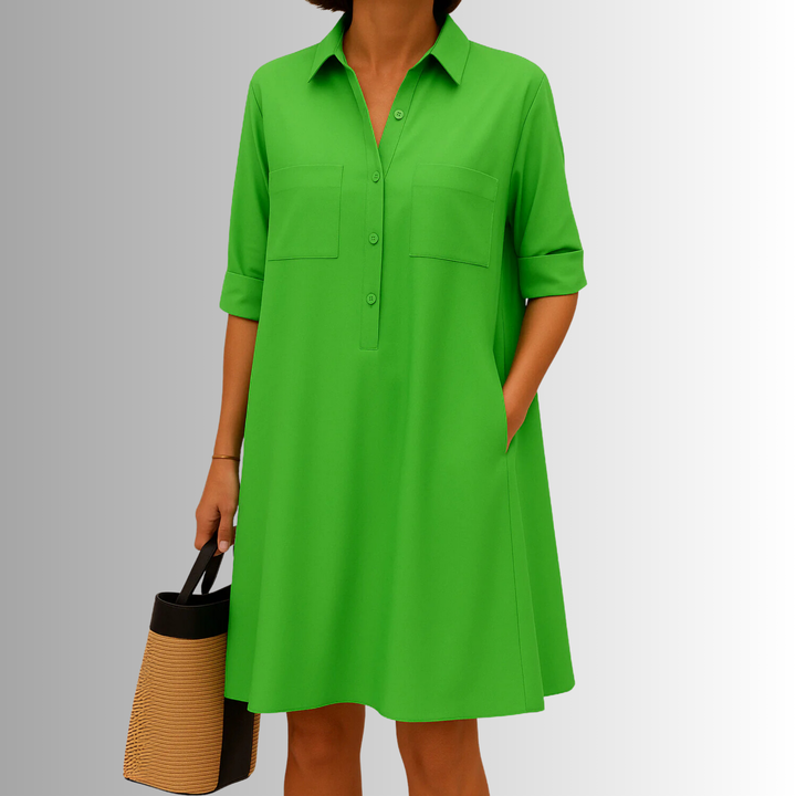 Women's button-down A-line dress with short sleeves and collar, perfect for casual summer style.