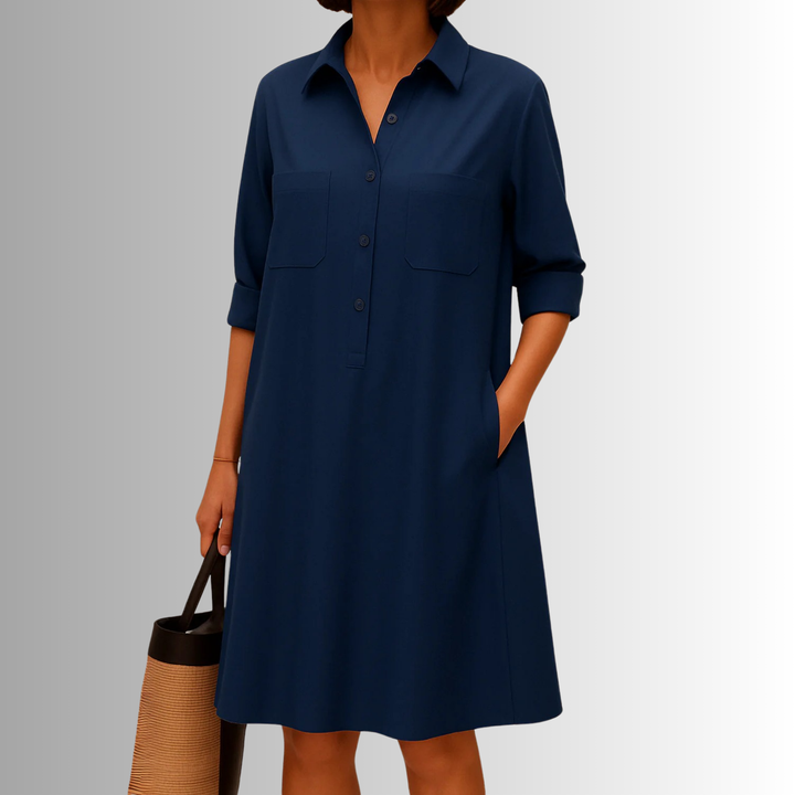 Versatile women's button-down A-line summer dress, offering effortless casual or elegant style.