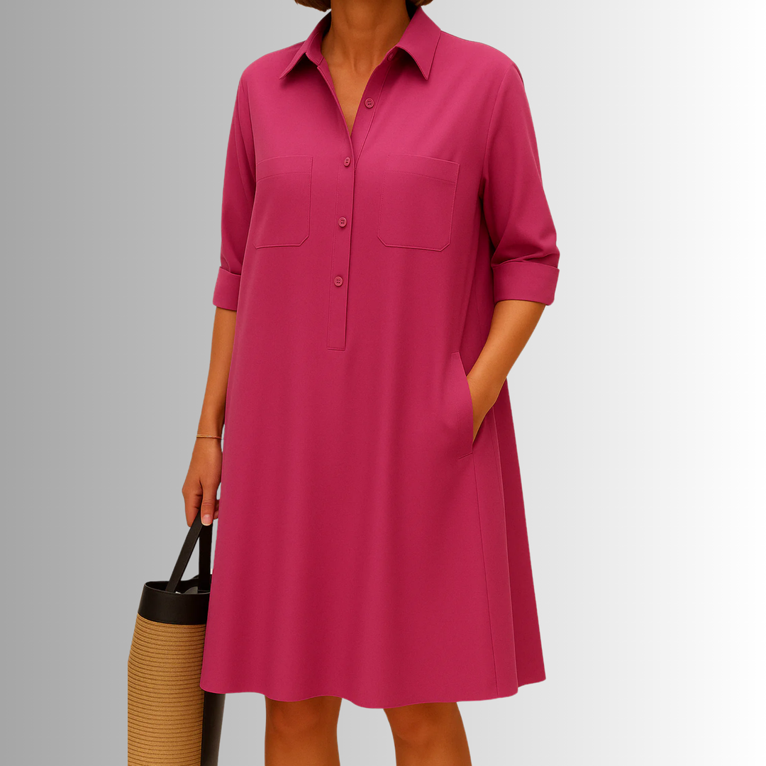Stylish short sleeve button-down A-line dress for women, with a collar and pockets, ideal for summer.