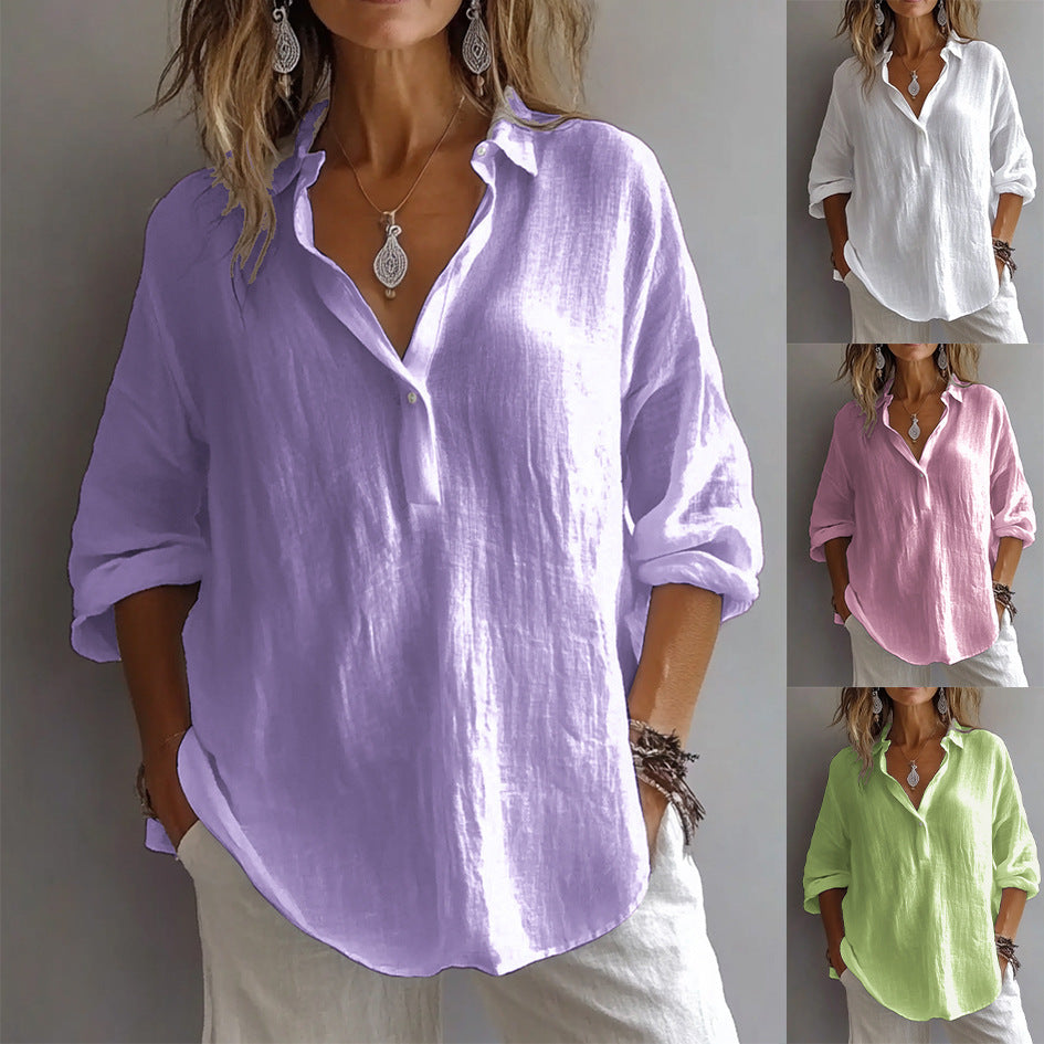 Chic women's button-down blouse, featuring wide sleeves, perfect for casual summer wear.