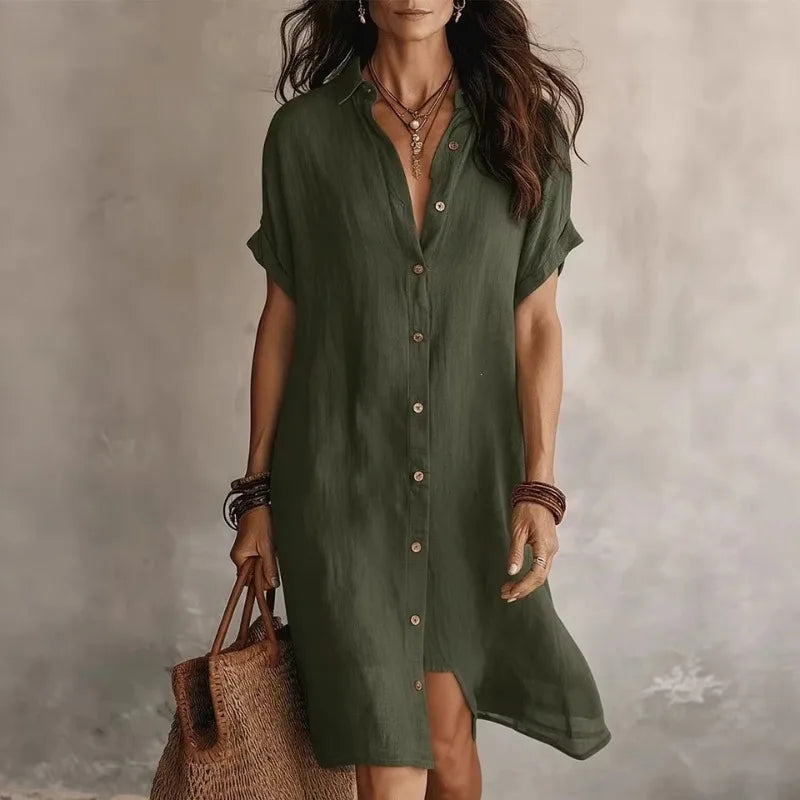 Versatile women's short sleeve midi dress, button-front design, relaxed fit for comfortable travel and casual wear.