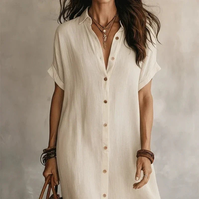 Women's stylish short sleeve midi dress, button-front closure, ideal for effortless everyday fashion & summer style.