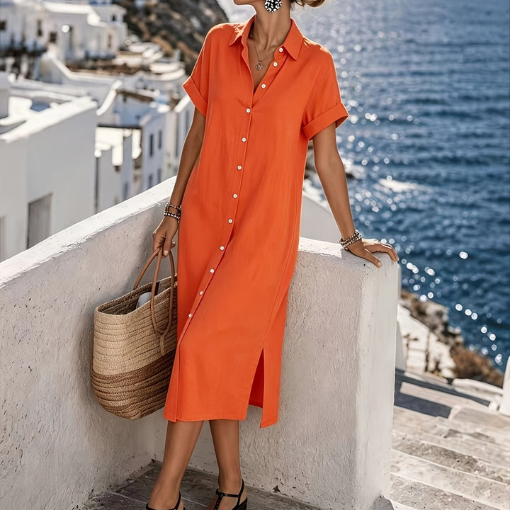 Women's casual short sleeve button-front midi dress, a comfortable and stylish summer choice.