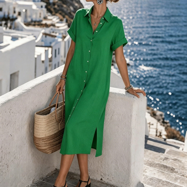 Trendy women's summer dress, short sleeve button-front shirt style, perfect for day wear.