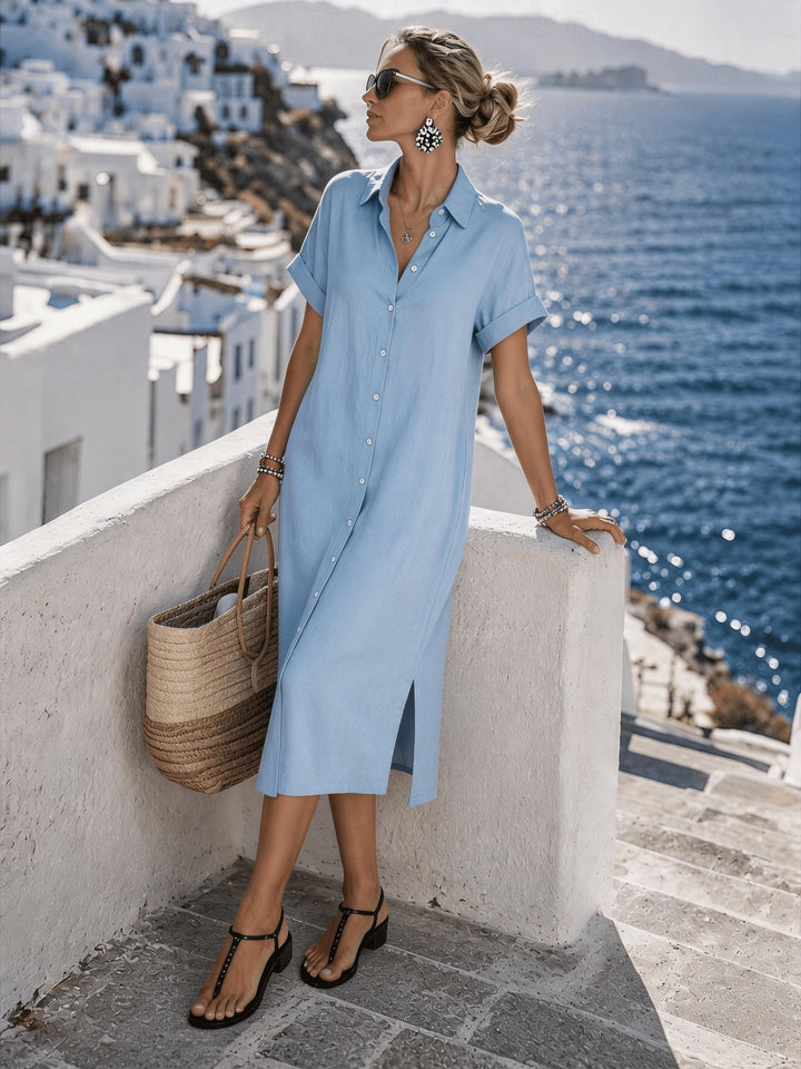 Casual women's short sleeve button-front midi dress, ideal for travel and summer days.