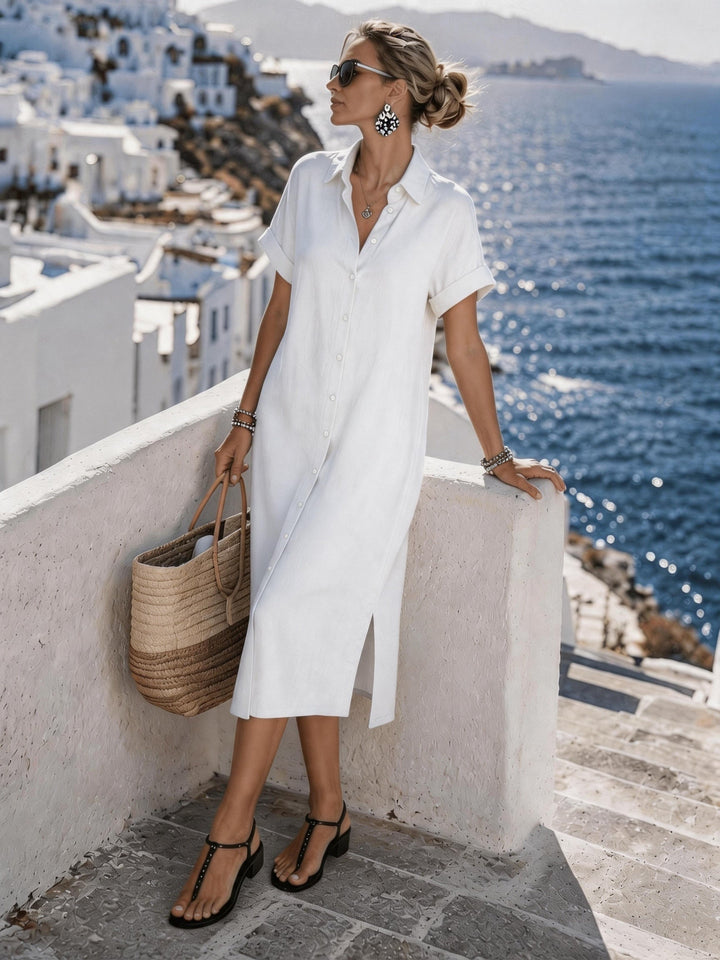 Elegant women's shirt dress, short sleeve with a button-front design, versatile vacation wear.
