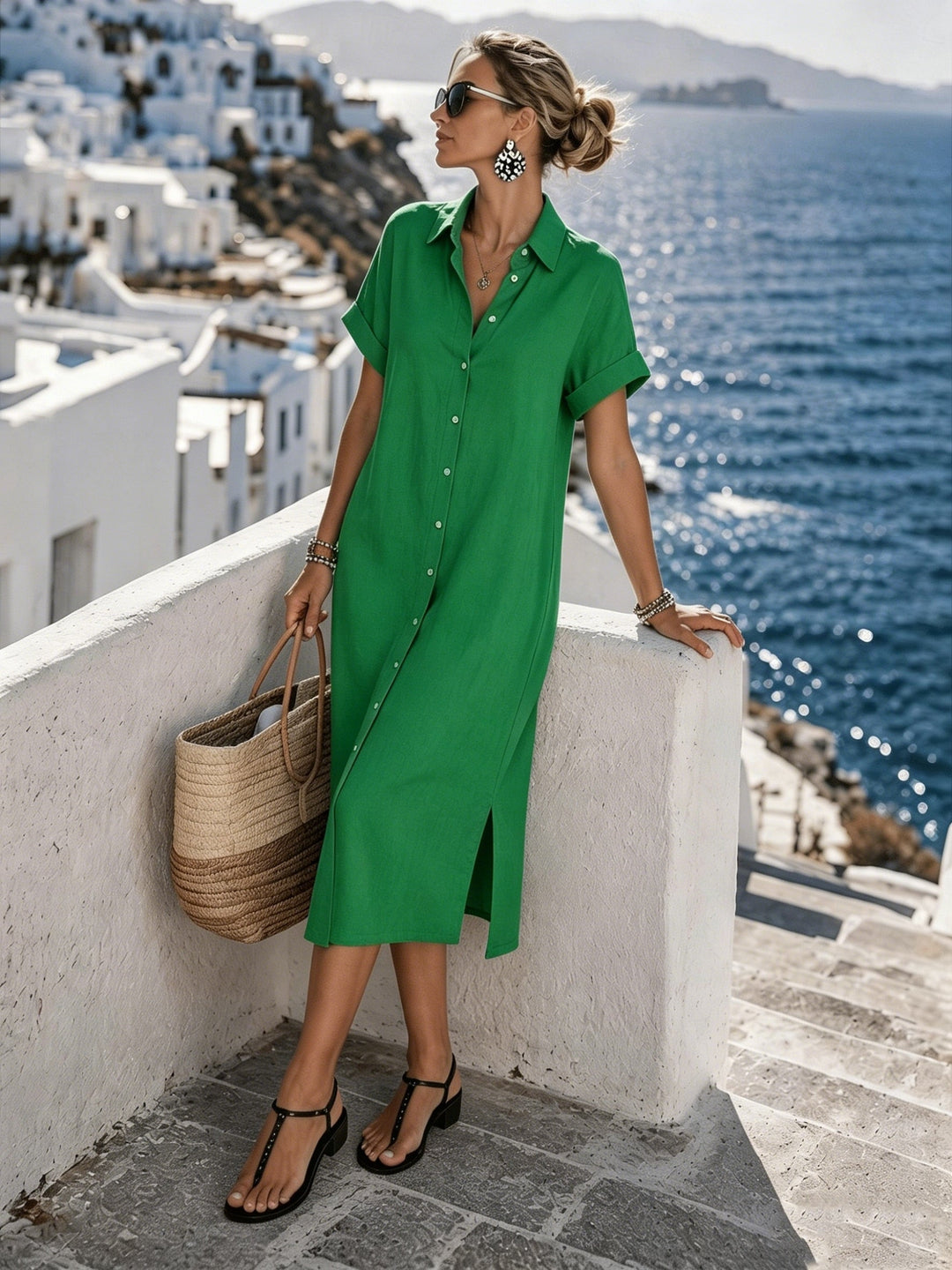 Fashionable women's button-front shirt dress, short sleeve style for everyday casual elegance.