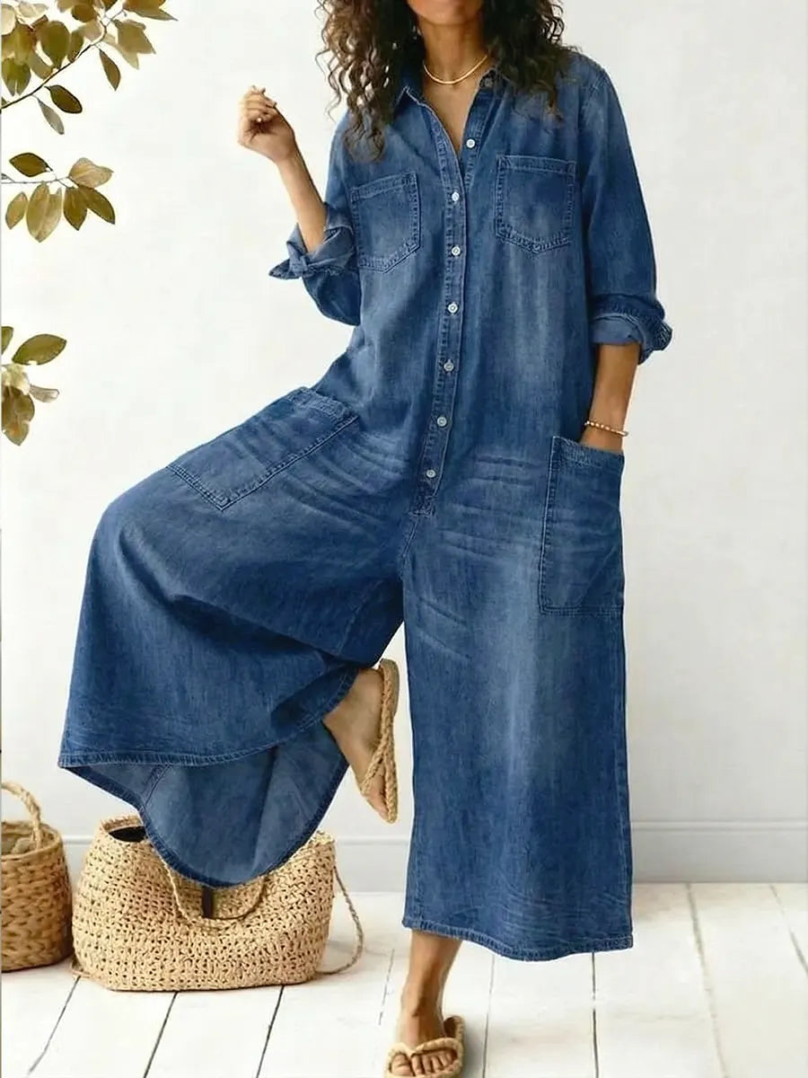 Women's button-up wide leg jumpsuit, collared, long sleeves, perfect for casual summer wear & travel.