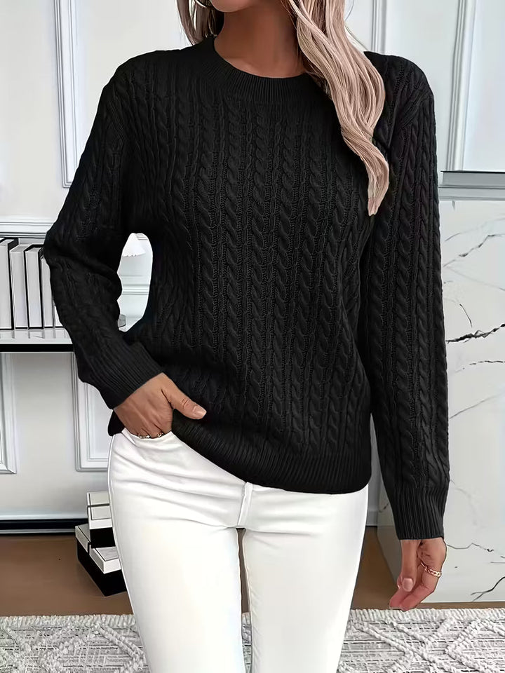 Women's crew neck cable knit sweater for comfortable, long-sleeve autumn fashion & daily wear.