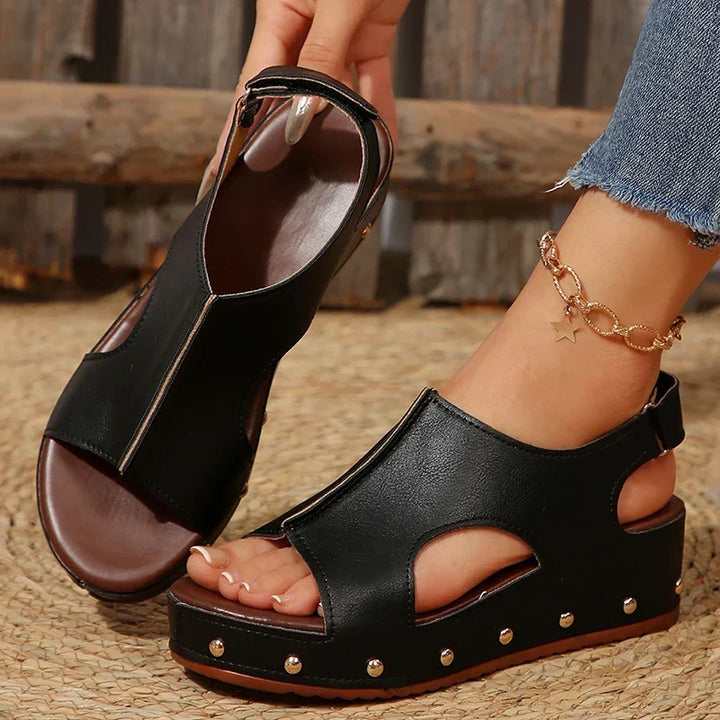 Women's Camellia platform cushioned sandals in black, offering comfort & style for summer. Perfect casual footwear.