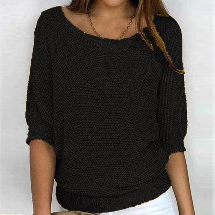 Back view of women's Carla long sleeve round neck sweater. Ultra-soft comfort knit for winter warmth and cozy style.