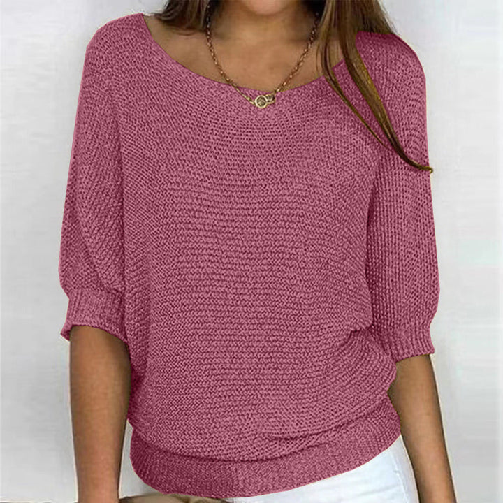 Detailed view of ultra-soft fabric of Carla women's comfort knit sweater. A cozy long sleeve pullover for warmth.