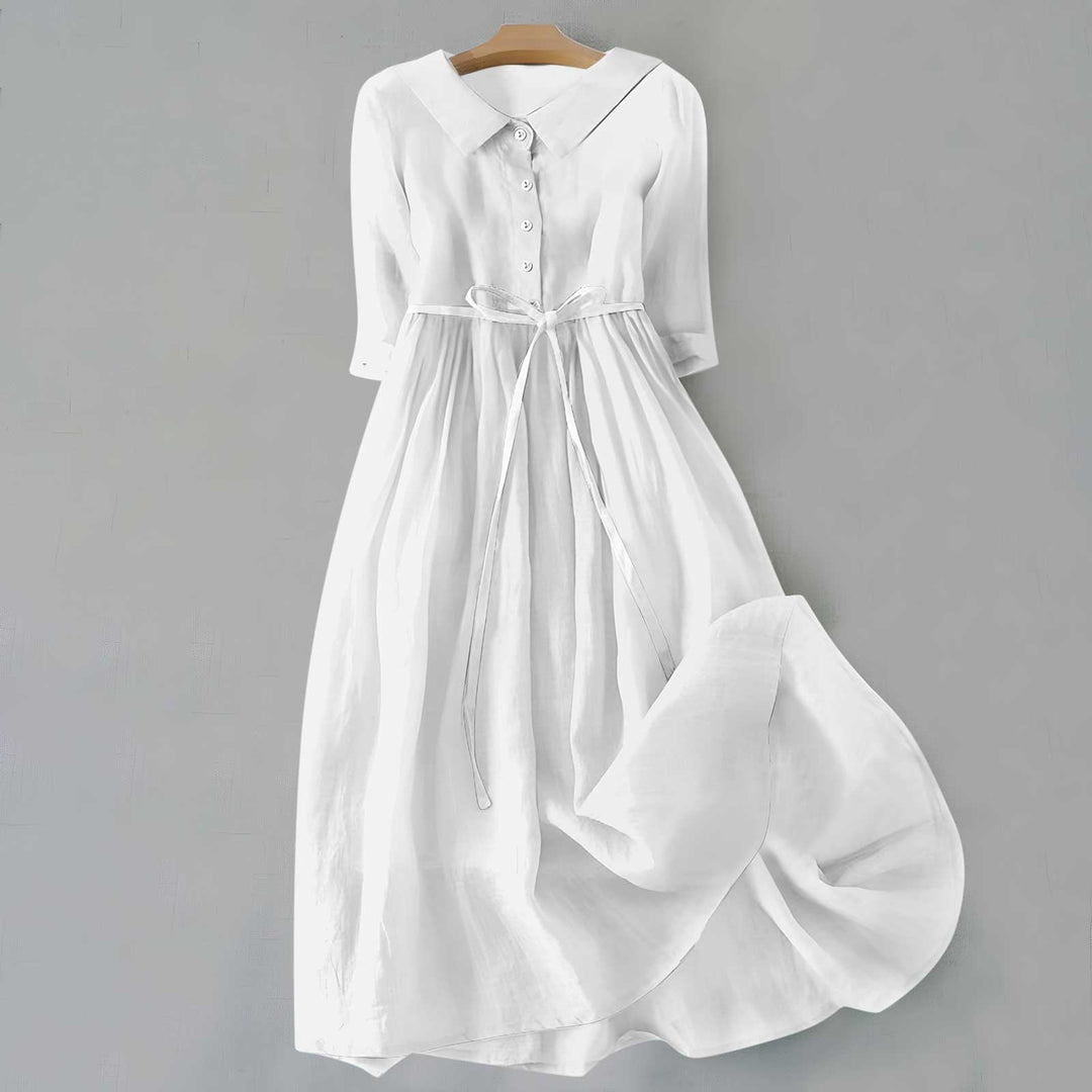 Comfortable women's short sleeve A-line midi dress, a versatile piece for everyday spring and summer style.