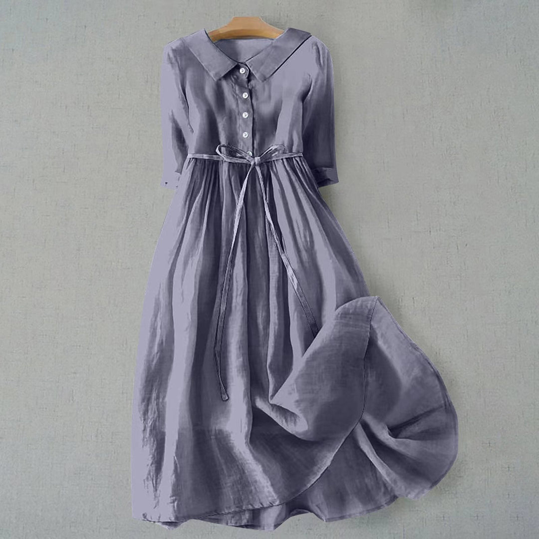 Versatile women's A-line short sleeve midi dress, offering comfort and style for casual spring outings.