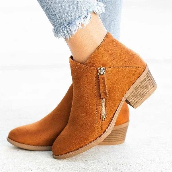 Fashionable blue women's ankle boots, side zip design, block heel for casual everyday wear in winter.