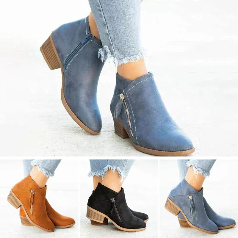 Chic women's side zip ankle boots with block heel, versatile casual footwear for fall and winter seasons.