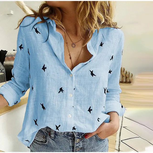 Women's casual bird print button-up blouse, long sleeve, collared, relaxed fit for spring/summer style.