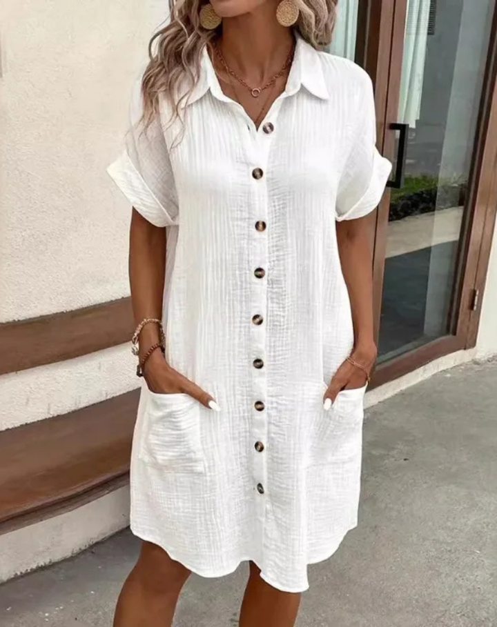 Women's casual button-down collared mini shirt dress in a relaxed fit, perfect for summer everyday wear.