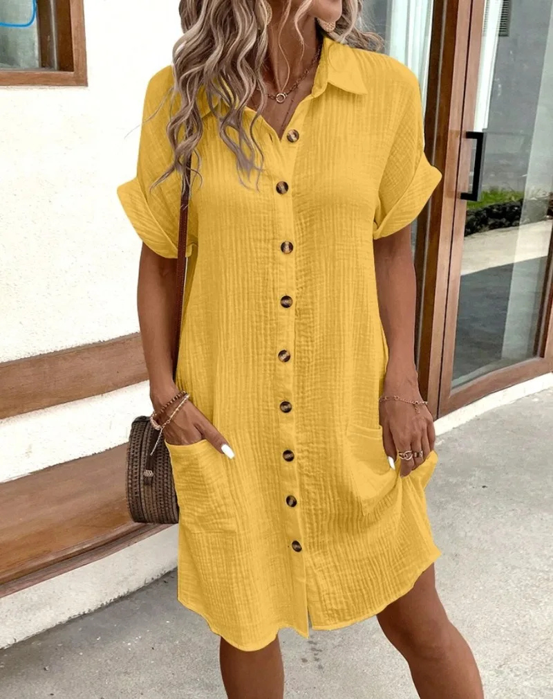 Stylish women's button-down mini dress featuring a classic collar and comfortable relaxed fit, great for everyday casual.