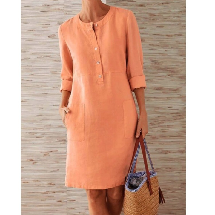 Versatile women's button front shift midi dress with pockets, ideal for comfortable everyday spring & summer styling.