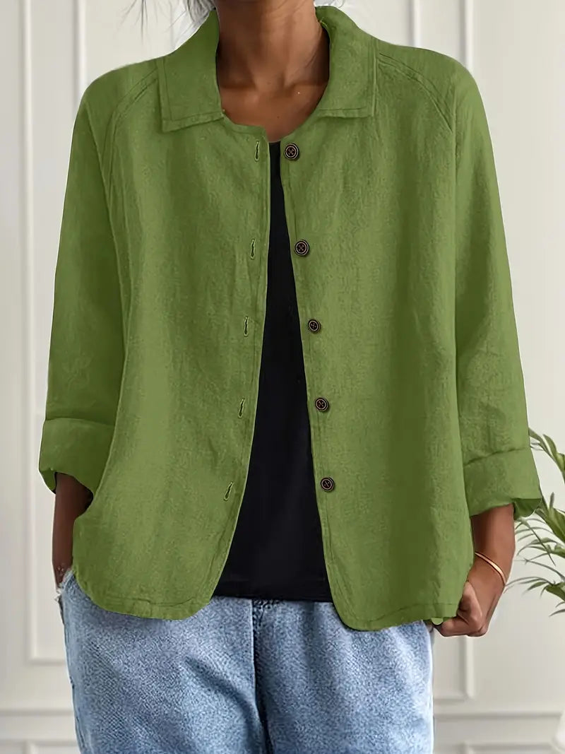 Soft fabric women's collared button-front top, relaxed fit, three-quarter sleeves, perfect for everyday style.