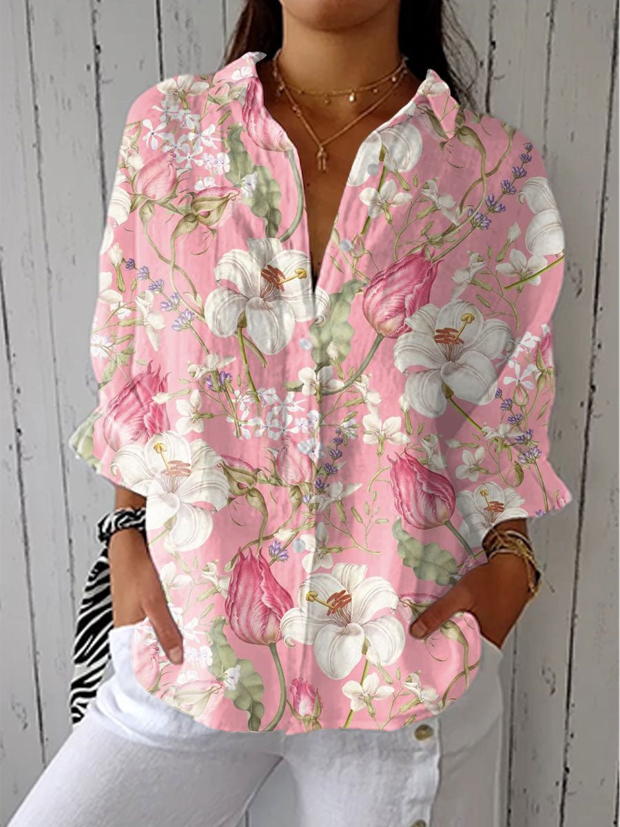 Women's casual button-front V-neck blouse, long sleeve with a relaxed fit, ideal for spring & summer everyday wear.