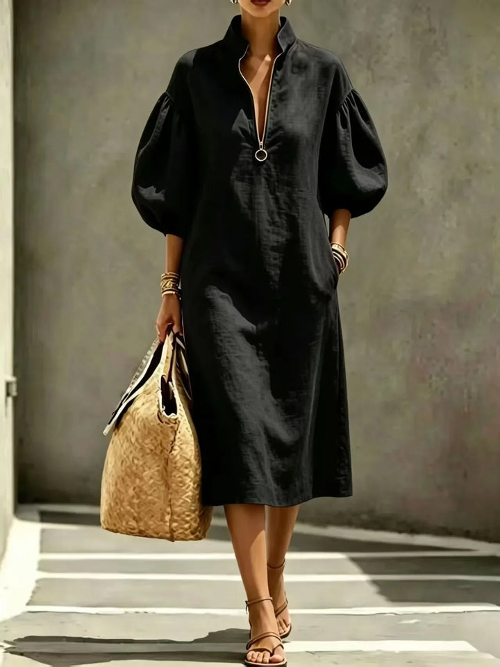 Comfortable women's versatile midi dress featuring a chic half-zip neckline and elegant bubble sleeves.