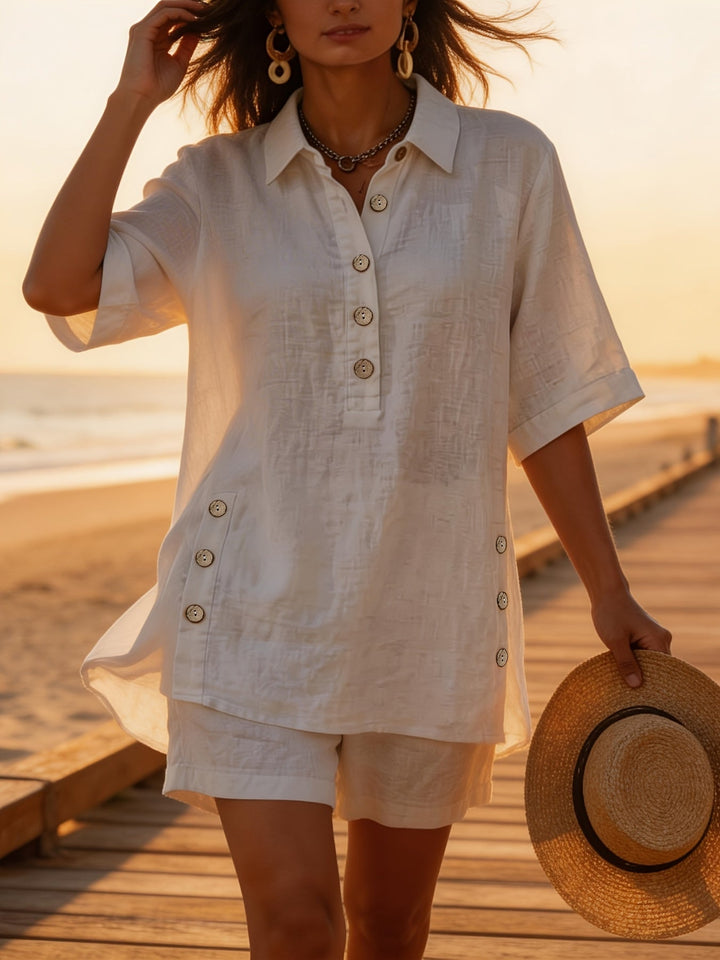 Women's summer fashion two-piece set featuring a collared button-front top and comfortable high-waisted shorts.
