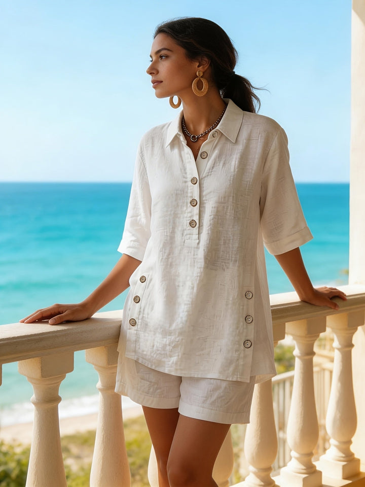 Elegant women's two-piece collared top & shorts set with button detail, perfect for casual chic summer outfits.