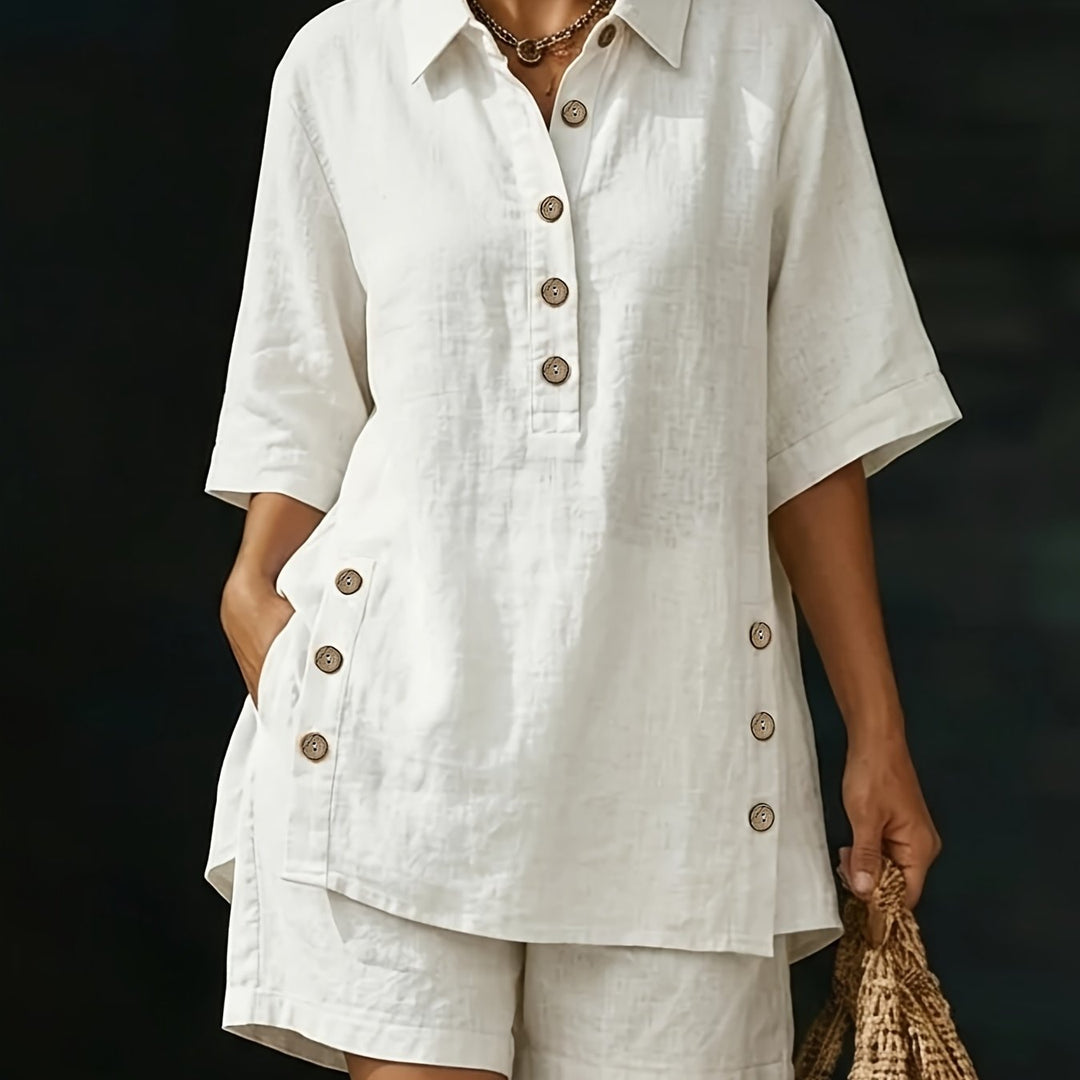 Lightweight women's summer two-piece set: collared button-detail top & high-waisted shorts. Ideal for warm weather.