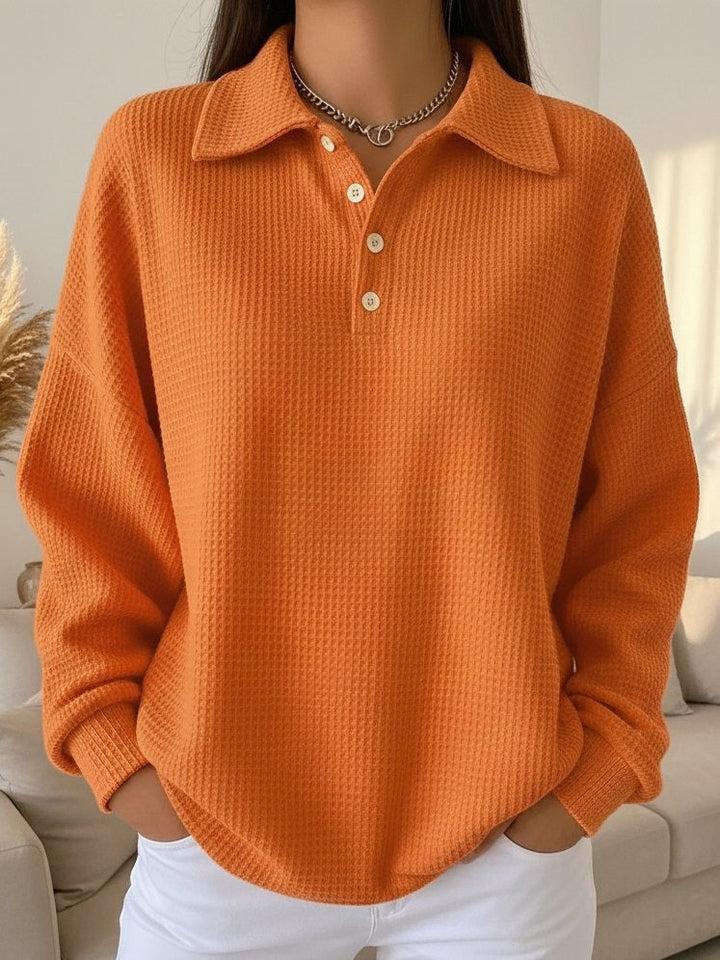 Women's casual collared Henley sweater, perfect for autumn comfort & style.