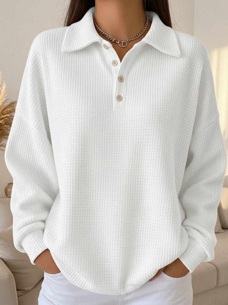 Soft women's collared Henley sweater, a warm & comfortable pullover for fall and winter.
