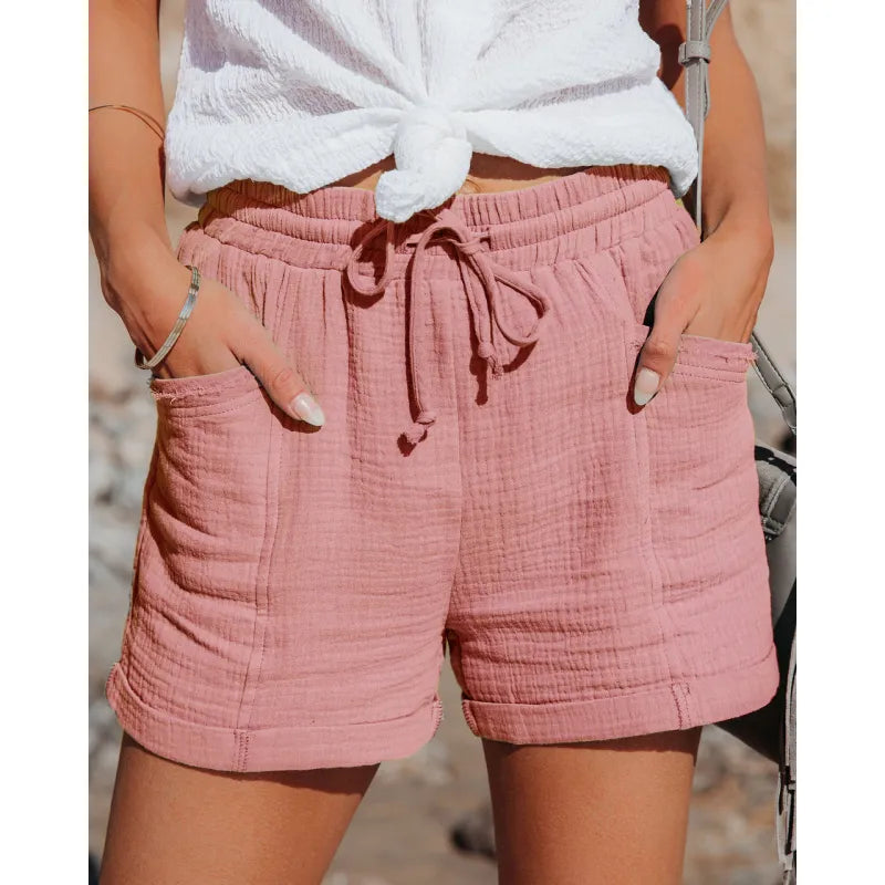 Women's casual drawstring shorts with pockets, perfect for summer comfort and relaxed everyday wear.