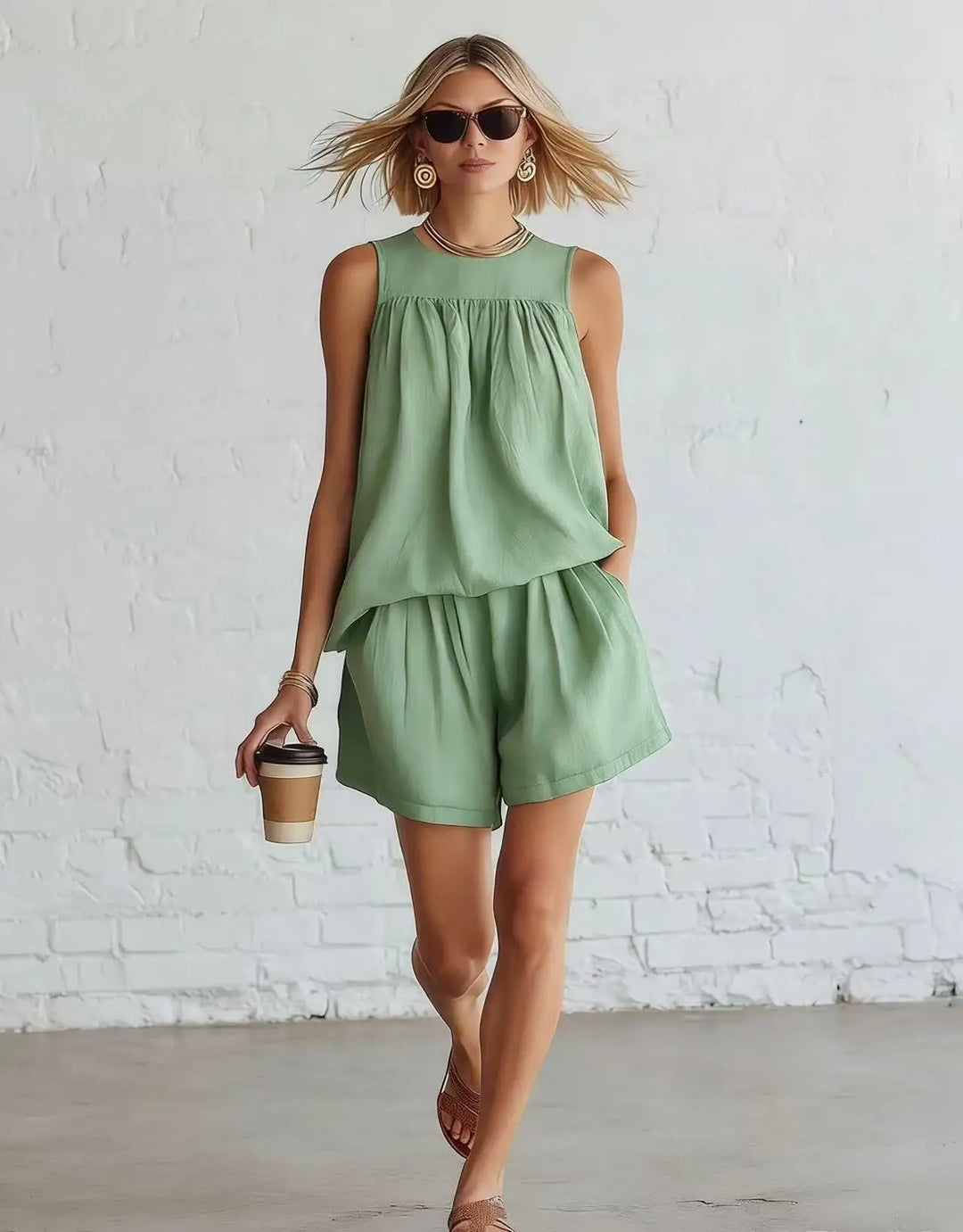 Chic women's two-piece shorts set with a sleeveless top and gathered high-waisted shorts. Perfect for vacation.