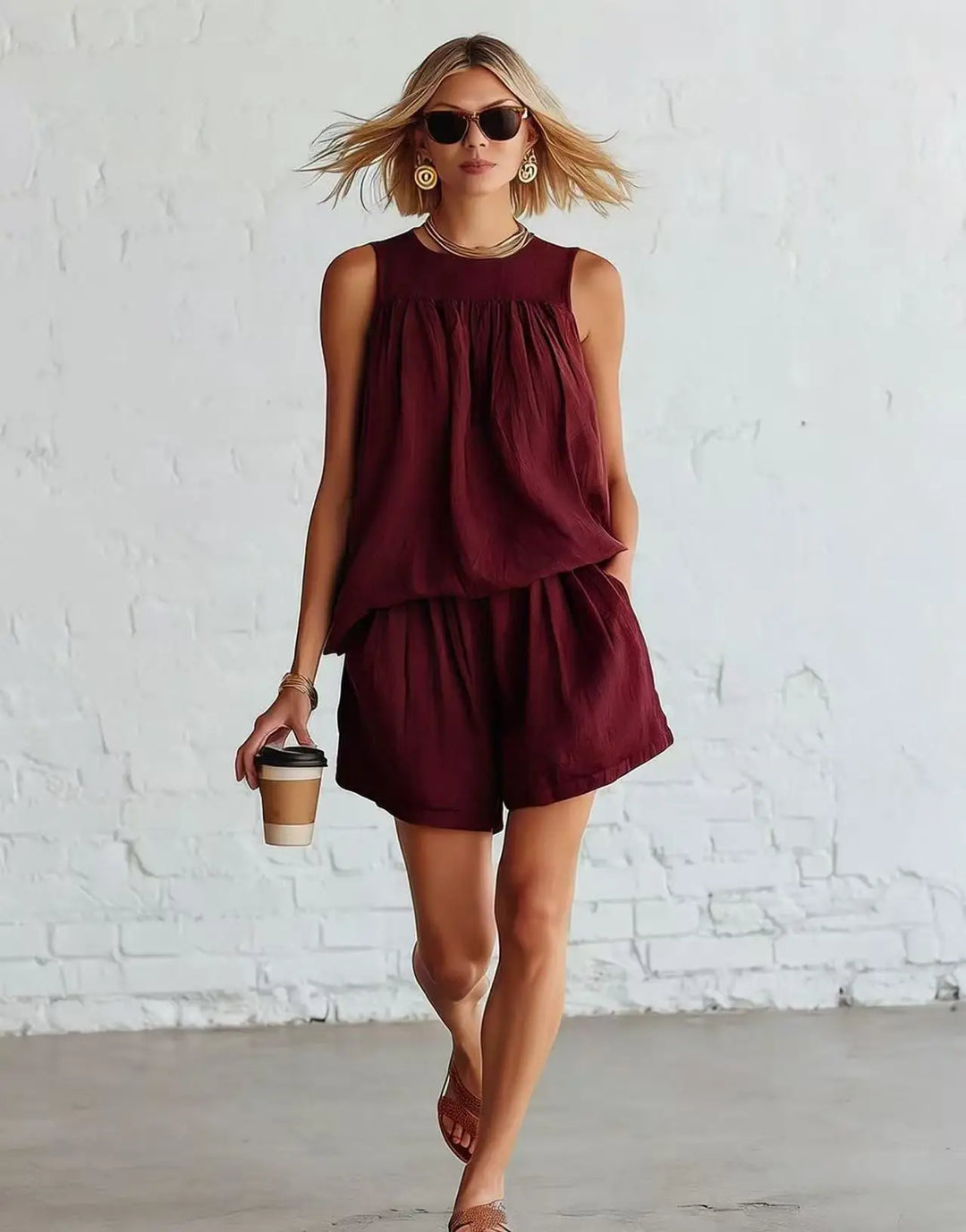 Relaxed fit women's two-piece outfit. Includes a sleeveless top and high-waisted gathered shorts for summer wear.