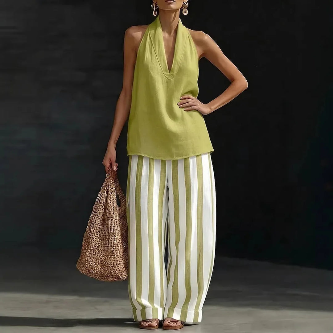 Stylish women's two-piece matching set: halter top & wide leg pants. Perfect for casual summer vacations.