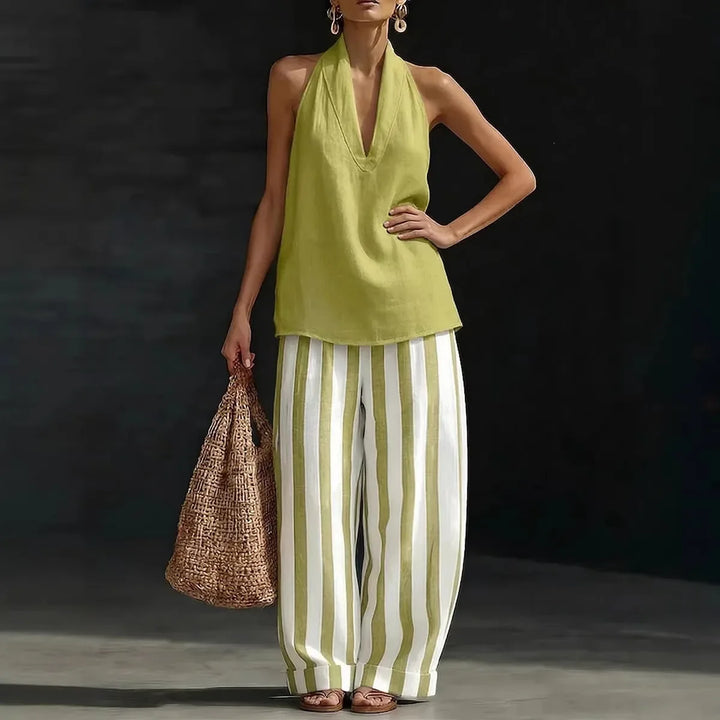 Stylish women's two-piece matching set: halter top & wide leg pants. Perfect for casual summer vacations.