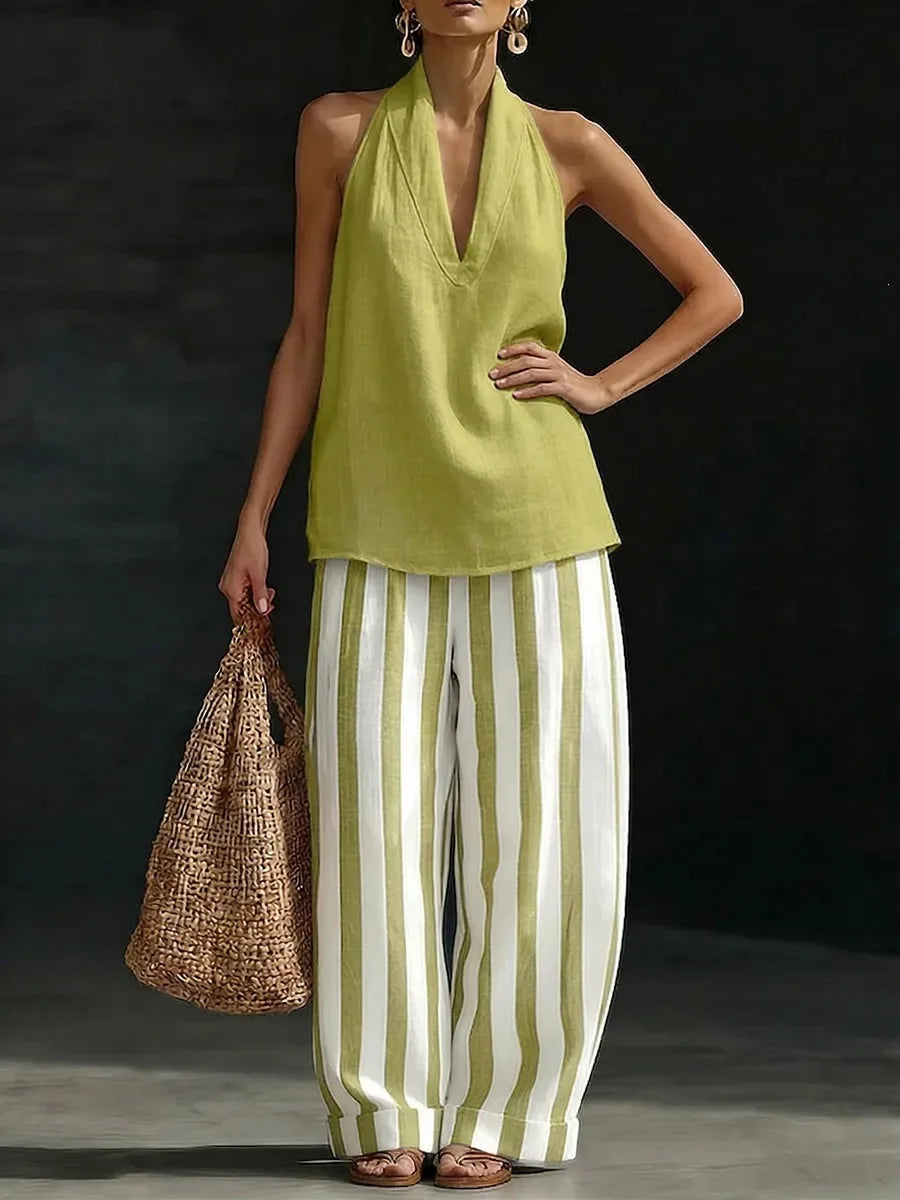 Versatile women's casual matching set with a flattering halter top & relaxed wide leg pants.