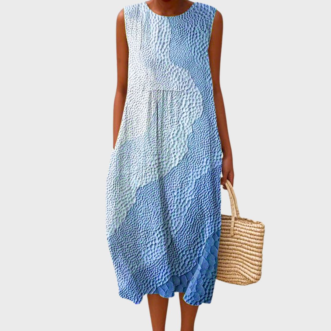 Stylish women's sleeveless knee-length casual dress, relaxed fit, perfect for daily wear & summer comfort.
