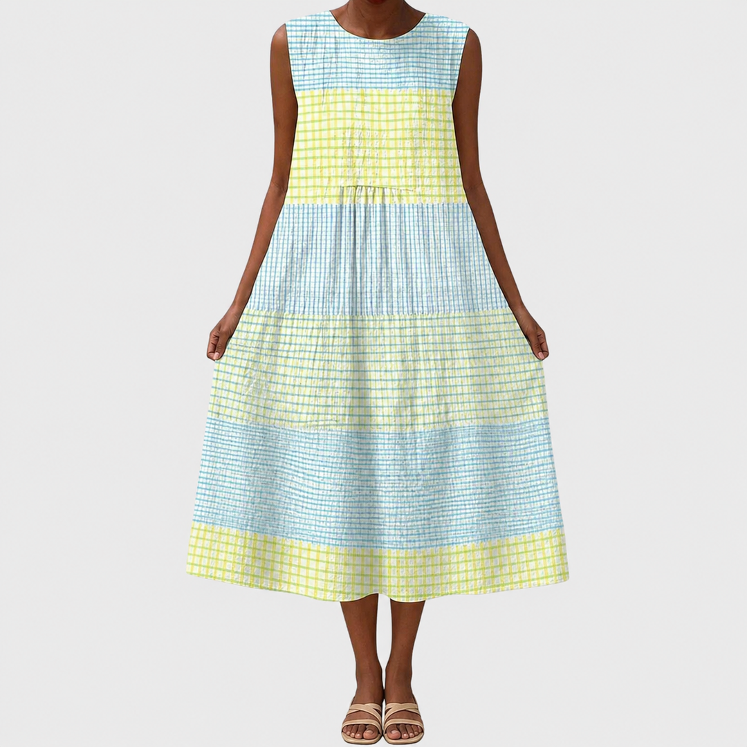 Relaxed fit women's sleeveless A-line dress, knee-length, comfortable & versatile for casual summer daily wear.