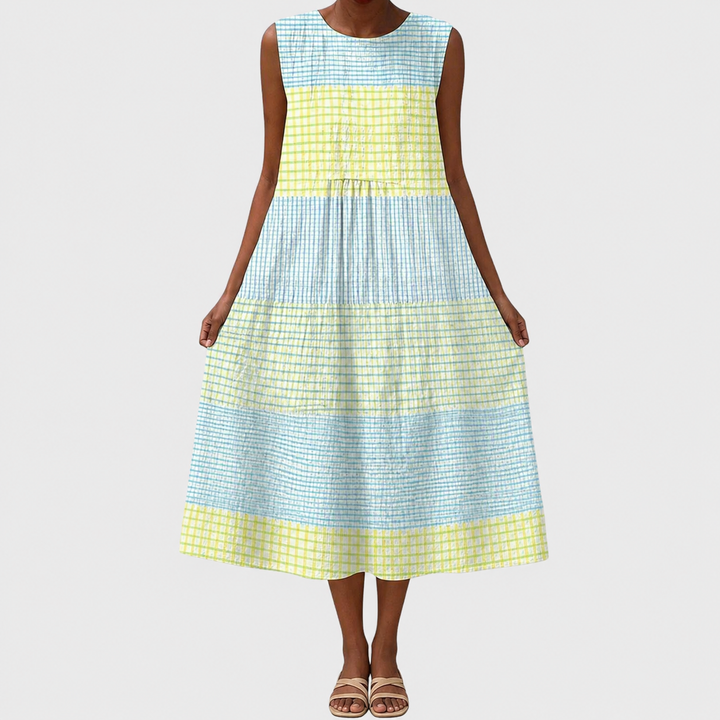 Relaxed fit women's sleeveless A-line dress, knee-length, comfortable & versatile for casual summer daily wear.
