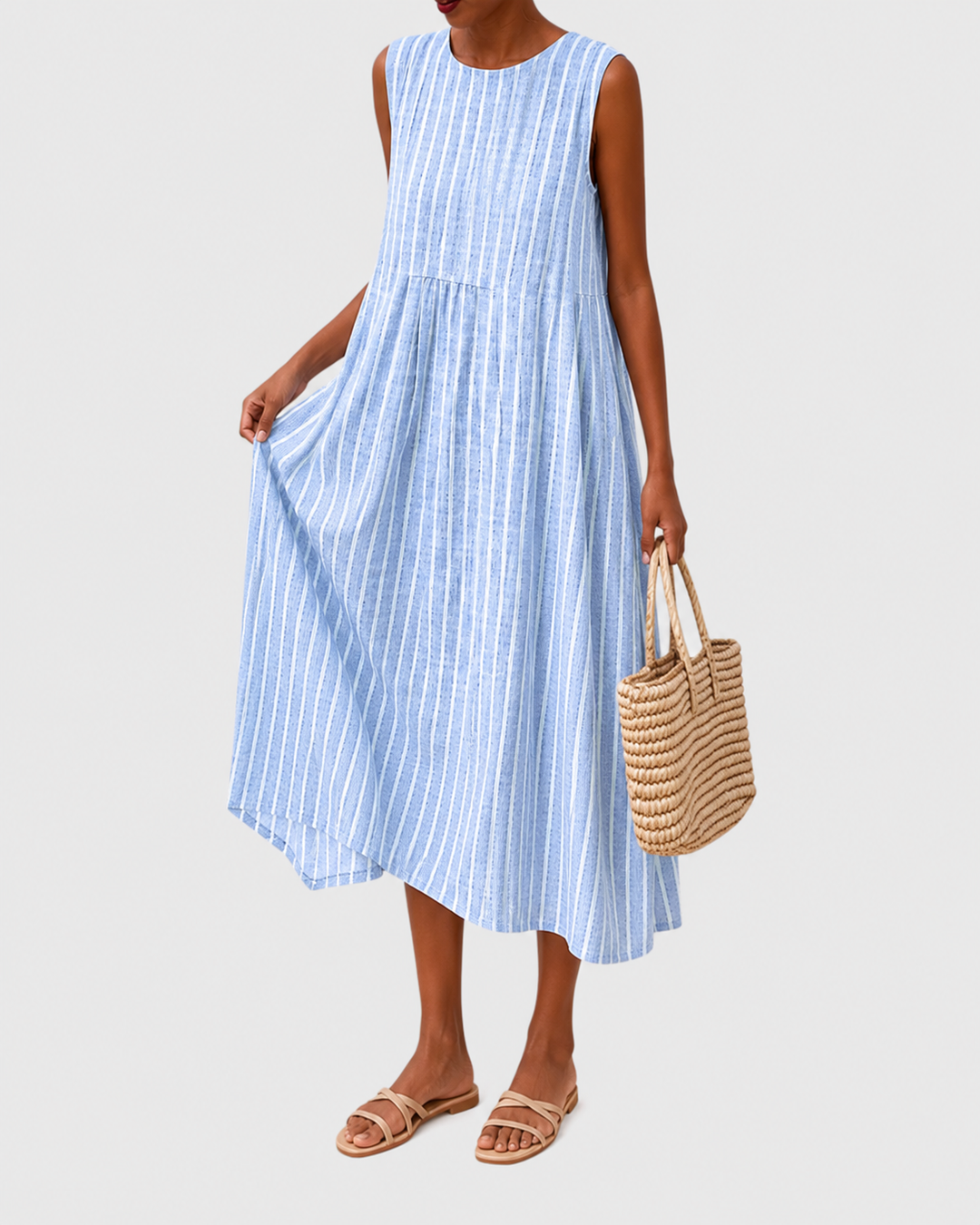 Women's sleeveless knee-length casual dress, relaxed A-line fit, comfortable for versatile summer daily wear.