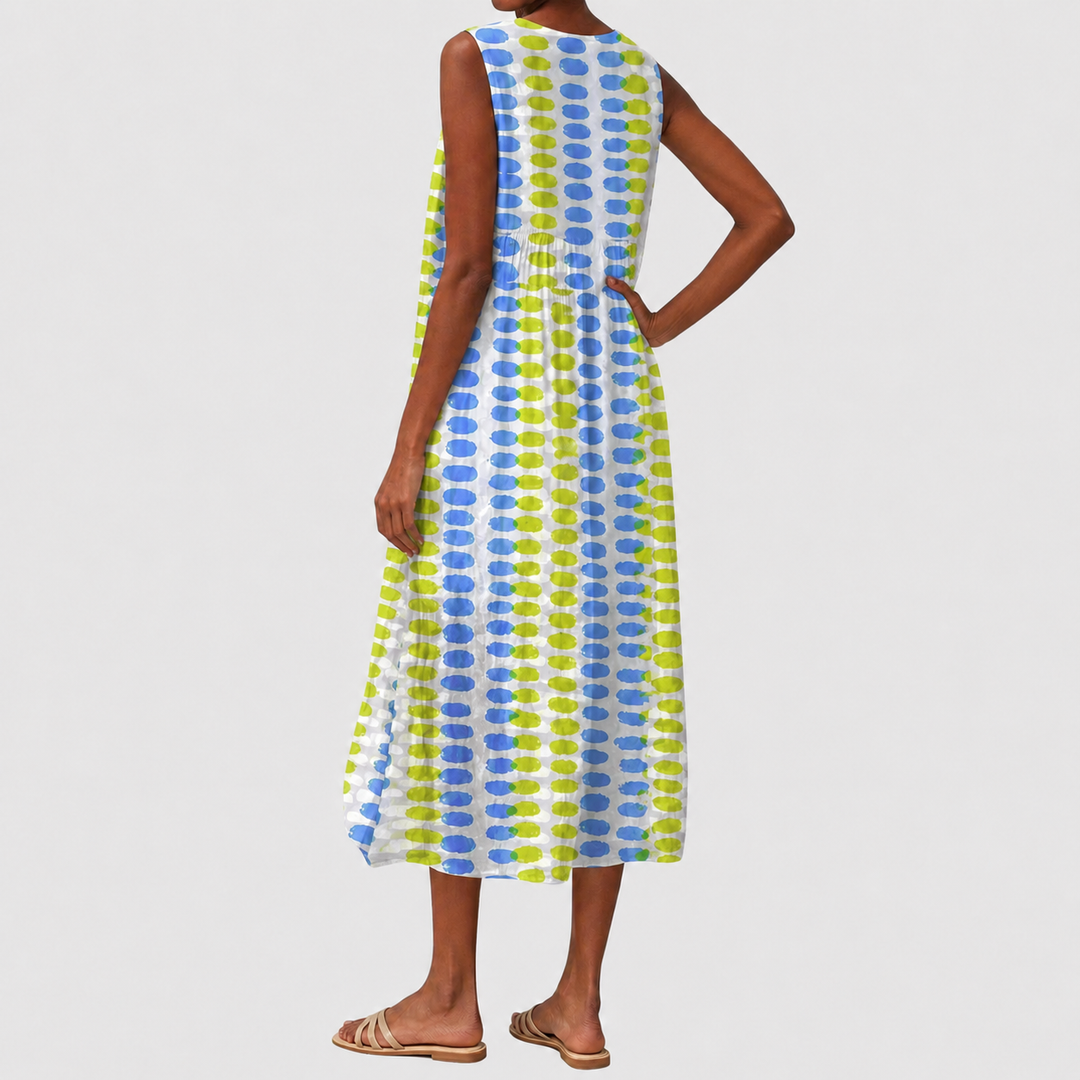 Soft & comfortable women's relaxed fit A-line dress, sleeveless, knee-length, ideal for casual summer daily wear.