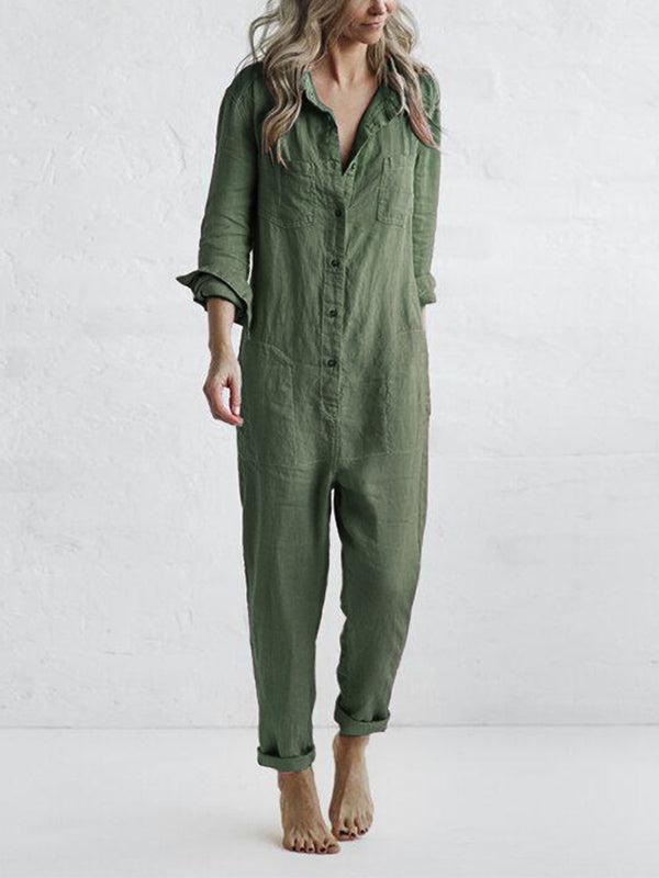 Women's casual long sleeve button-up jumpsuit, relaxed fit one-piece for everyday comfort & style.